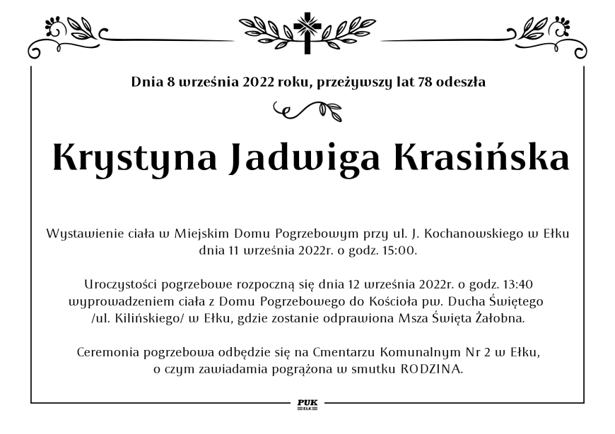 Krystyna Jadwiga Krasińska - nekrolog